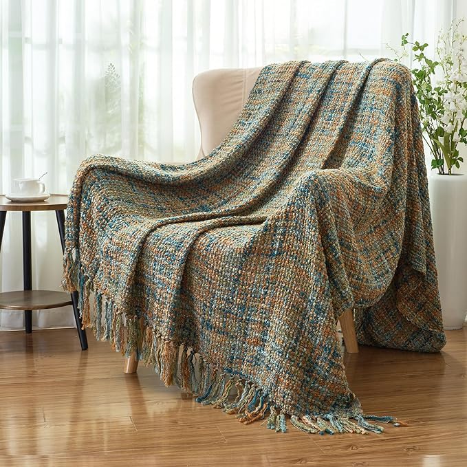 Multi-Color Gold Green Cable Woven Throw Blanket for Couch,50"X60" Boho Style Textured Blankets for Home Decor,Super Soft Warm Cozy Chunky Blanket with Decorative Tassels for Bed
