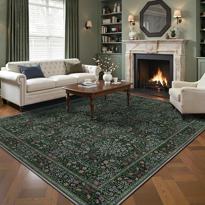 GENIMO 6x9 Area Rug for Living Room, Washable Vintage Floral Low-Pile Non-Slip Large Carpet for Bedroom Dining Room, Stain Resistant Botanical Indoor Rug (Dark Green)