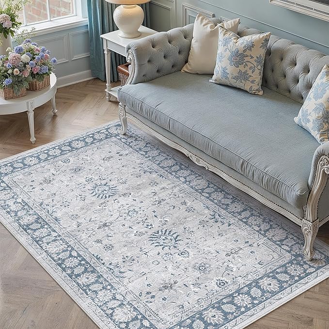 3x5 Area Rug Blue Washable Entryway Vintage Carpet Office Small Non Slip Stain Soft Resistant Low Pile Thin Boho Accent Indoor Throw Rug for Laundry Kitchen Bathroom Entrance Bedroom