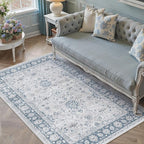 3x5 Area Rug Blue Washable Entryway Vintage Carpet Office Small Non Slip Stain Soft Resistant Low Pile Thin Boho Accent Indoor Throw Rug for Laundry Kitchen Bathroom Entrance Bedroom