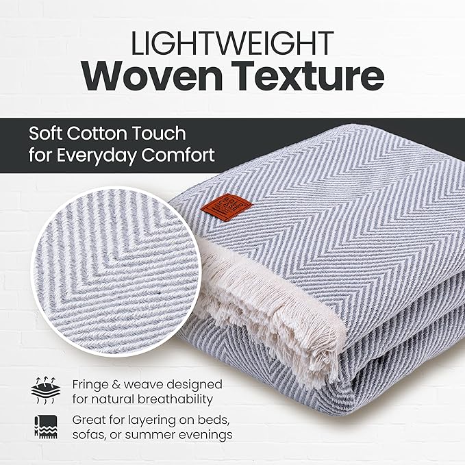 Gold Case Throw Blanket for Bed - 100% Recycled Turkish Cotton Blanket - Elegant Lightweight Soft Throw Blankets for Bed & Living Room - Queen Size Cozy Blankets - 90x90 - Grey