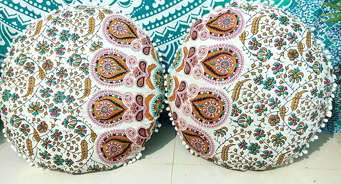 CRAFT KALA Mandala Floor Pillow Cushion Cover Seating Throw Cover Hippie Decorative Bohemian Ottoman Poufs Pom Pillow Cases Boho Indian Cotton Living Room Home Décor 24" Round Set of 2 Mustard Mirchi