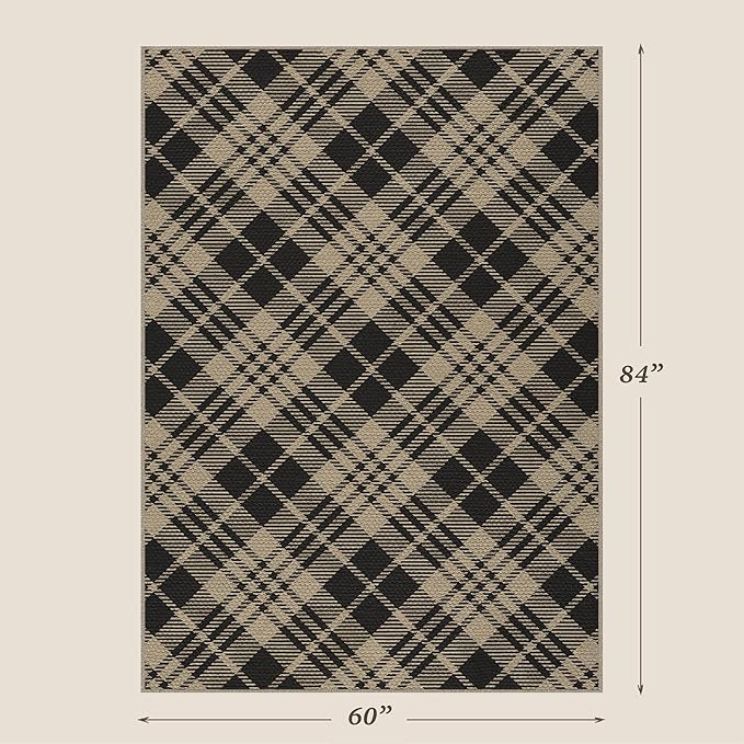 JTJ Vintage Easy Jute Rugs for Bedroom 5x7 - Diamond Patterned Woven Rug for Indoor Area, Living Room, Washable Low Pile Black and White Classic Decor