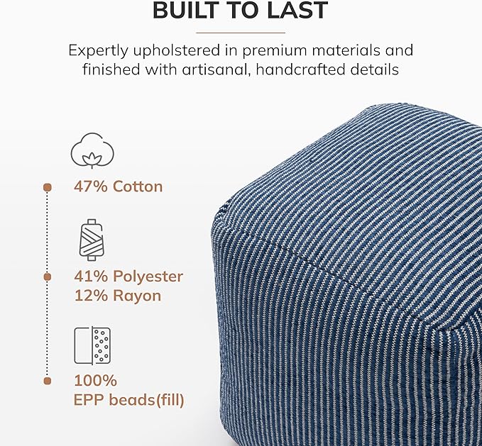 Anji Mountain Pouf Ottoman Foot Rest, Handmade Ottoman Pouf, Comfortable Foot Stool, Decorative Floor Seating for Living Room Decor, Bedroom & Home Décor Accent - Sailor Blue