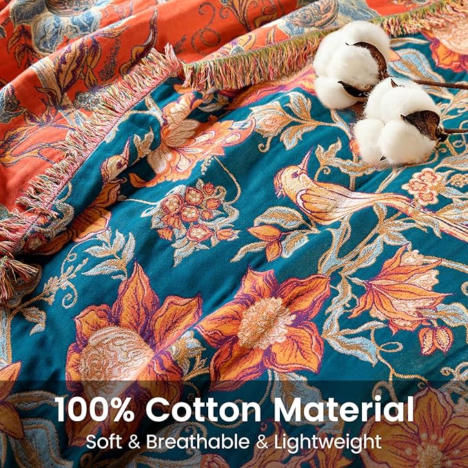 Boho Throw Blanket 50"x60" 100% Cotton Couch Blanket, Breathable Lightweight Spring Decorative Reversible Blankets with Fringe for Sofa Chair Bed Vintage Decor