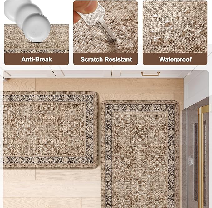 KIMODE Kitchen Mats Cushioned Anti Fatigue, Summer Boho Distressed Kitchen Rugs Sets of 2, Padded Kitchen Floor Mats, Non Slip Standing Mats for Sink Laundry Office Desk Brown 20"x71"+20"x32"