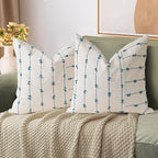 AELS 18x18 Decorative Boho Linen Throw Pillow Covers, Modern Farmhouse Textured Pillow Case, Set of 2, Tufted Stitch Stripe Cushion Cover for Bed Sofa Couch Living Room (Cover ONLY), Blue