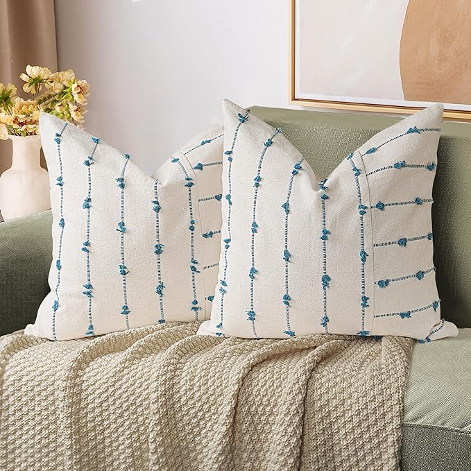 AELS 18x18 Decorative Boho Linen Throw Pillow Covers, Modern Farmhouse Textured Pillow Case, Set of 2, Tufted Stitch Stripe Cushion Cover for Bed Sofa Couch Living Room (Cover ONLY), Blue