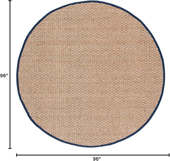 SAFAVIEH Area Rug 8' Round - Natural Fiber Collection - Large - Natural & Blue, Seagrass, Basketweave Pattern with Border (NF114E)