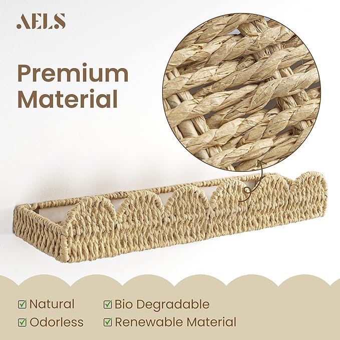 AELS Scalloped Nursery Bookshelf, Set of 4, Picture Ledge Shelf for Wall Decor, Woven Straw Paper Floating Shelves for Books, Toys, Photo Frames, Nursery, Boho Modern Farmhouse Book Shelf, Beige