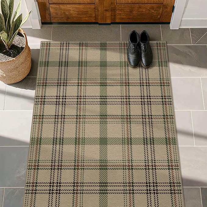 Easy Jute 3x5 Outdoor Rug for Front Porch Layering - Washable Door Mat for Large Entryway, Non Slip Farmhouse Woven Rug for Kitchen Floor, Mudroom - Buffalo Plaid Sage Green Decor