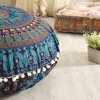 Popular Handicrafts Floor Pillow Cushion Cover - Hippie Elephant Mandala Cushion Cover Large Cotton - Pouf Cover Round Bohemian Yoga Decor, 32" Turqouise