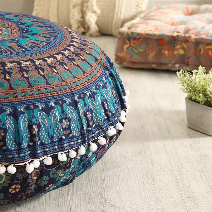 Popular Handicrafts Floor Pillow Cushion Cover - Hippie Elephant Mandala Cushion Cover Large Cotton - Pouf Cover Round Bohemian Yoga Decor, 32" Turqouise