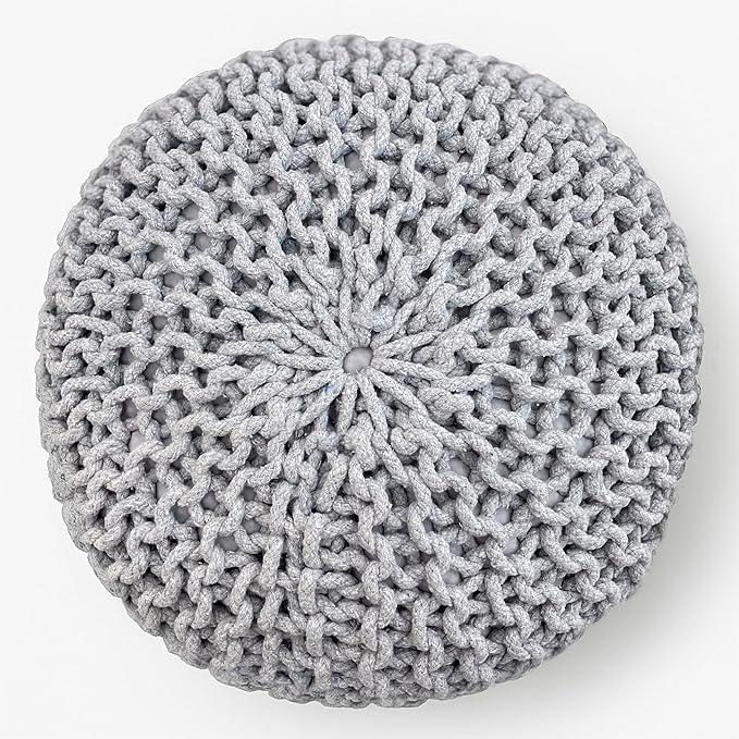 Palisa Round Ottoman Pouf Handmade Cotton Knitted Poof Bean Bag Filling | Boho Pouffe for Living Room & Bedroom | Foot Rest Poufs for Office Home Decor (Grey, 20" D x 20" W x 14" H)