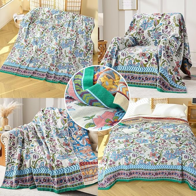 Boho Blanket Soft Muslin BohoThrow Blanket, 100% Cotton Floral Printed Farmhouse Decor All Season Reversible Rustic Throw for Sofa Couch Chair (White, 90"x98")