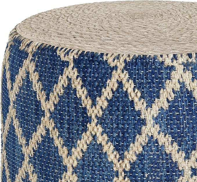 SIMPLIHOME Edgeley Round Pouf - 18 inch Wide Handwoven Jute and Cotton Ottoman in Classic Blue and Natural, Boho-Style Footstool or Extra Seating for Living Room, Bedroom, or Kids Room, Assembled