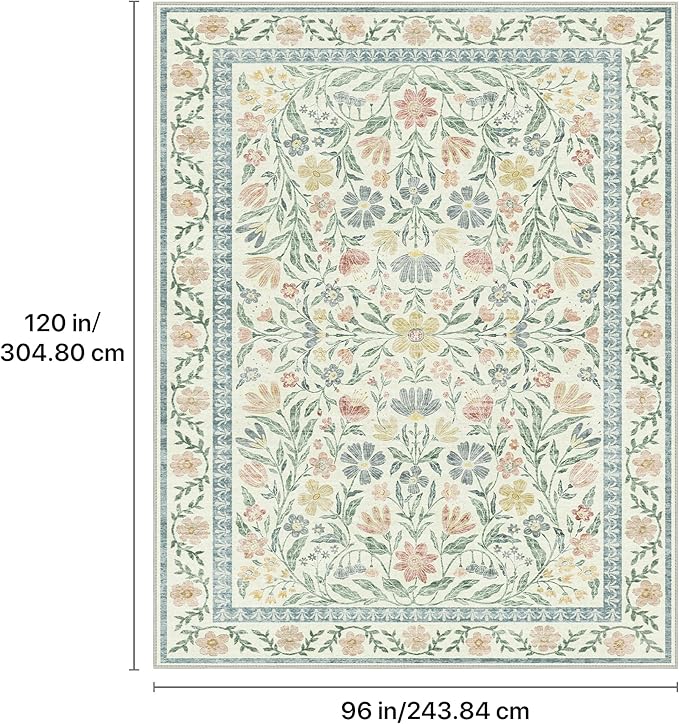 GENIMO 8x10 Washable Area Rug, Non-Slip Vintage Boho Floral Carpet, Soft Low-Pile Thin Living Room Rug for Bedroom, Dining Room, Nursery, Green