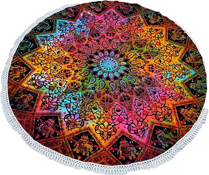 Round Beach Tapestry Turquoise Mandala Throw/Boho Hippie Beach Blanket Roundie/Indian Cotton Bohemian Large Round Table Cloth-Home Decor/Yoga Mat Meditation Picnic Rug (70", Multi Blue)