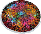 Round Beach Tapestry Turquoise Mandala Throw/Boho Hippie Beach Blanket Roundie/Indian Cotton Bohemian Large Round Table Cloth-Home Decor/Yoga Mat Meditation Picnic Rug (70", Multi Blue)