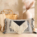 Decorative Boho-Chic Pillow Cover Handwoven Tufted Cotton Accent Pillows, Neutral Throw Cushion for Couch, Sofa or Bed, Farmhouse & Bohemian Home Decor, Trendy USA Design (Black Lumbar 12x20)