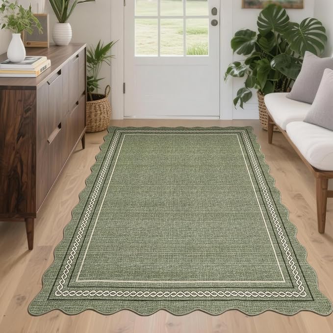 GarveeHome Washable Rugs for Entryway 4x6 Area Rug Scalloped Solid Green Living Room Area Rug Non Slip Soft Non Shedding Low Pile Stain Resistant Carpet for Kitchen Bath Bedroom Nursery, Green