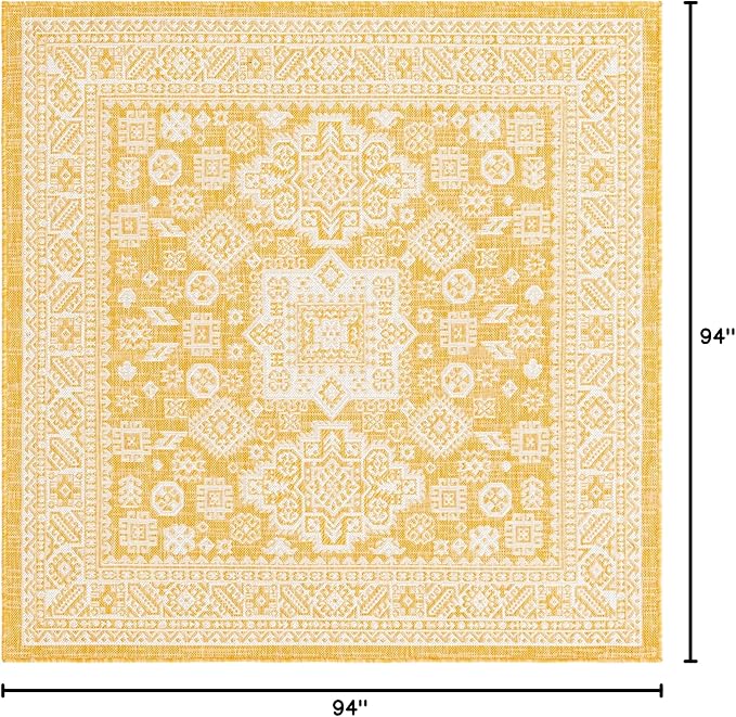 Rugs.com Outdoor Aztec Collection Rug – 8 Ft Square Yellow Flatweave Rug Perfect for Living Rooms, Kitchens, Entryways