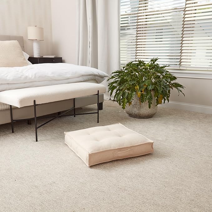 Square Tufted Floor Pillow with Removable Cover, Cream, Small (24")