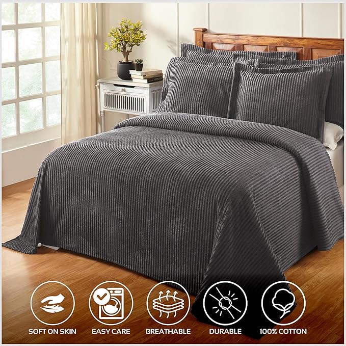 Better Trends Chenille Bedspreads Full/Double Size, Gray 100% Cotton Chenille Stripe Design Tufted Bedding Coverlet Soft Lightweight, 96"x110" with 2 Sham, 3 Pieces Set Jullian Collection