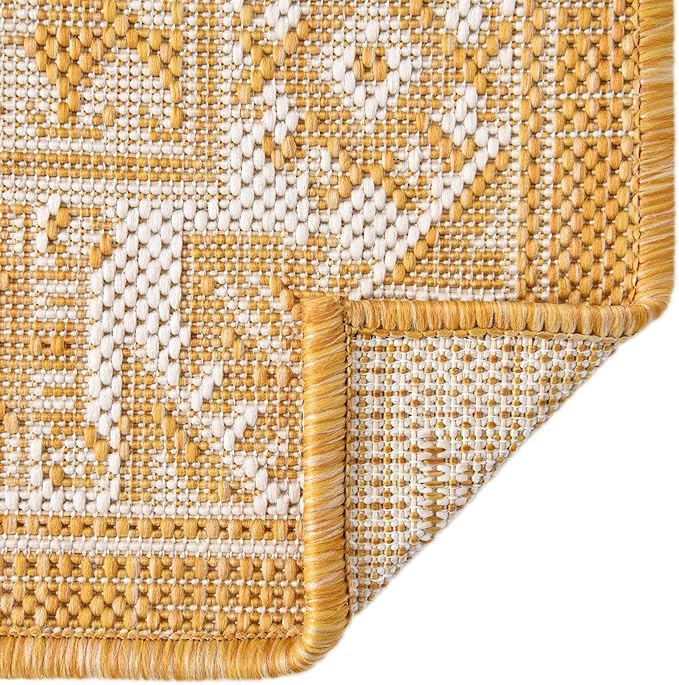 Rugs.com Outdoor Aztec Collection Rug – 12 Ft Runner Yellow Flatweave Rug Perfect for Hallways, Entryways