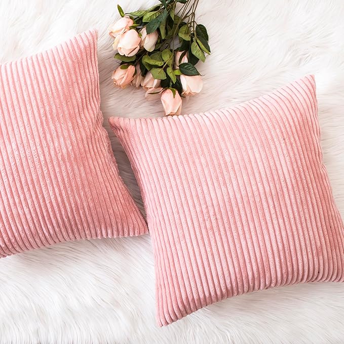 Home Brilliant Throw Pillow Covers Pink Couch Pillow Covers 18x18 Decoration Supersoft Striped Velvet Corduroy Decorative Pillowcases for Bedroom Girls Gift, 18 x 18 inch, Baby Pink