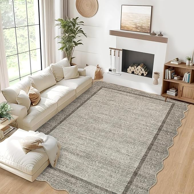 GarveeHome Scalloped Washable Rug 8x10 Rugs for Living Room Modern Bedroom Rug Large Area Rug Non Slip Throw Rugs Soft Low Pile Stain Resistant Carpet for Nursery Classroom Dining Room 8'x10' Brown