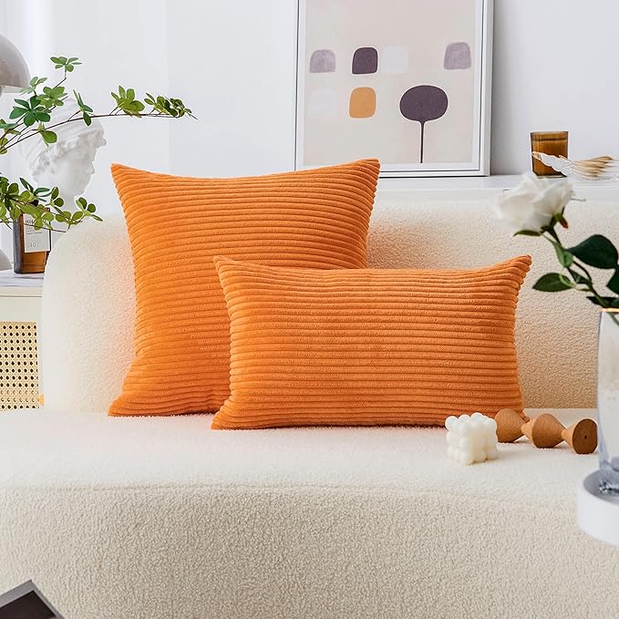 Home Brilliant Decorative Accent Burnt Orange Fall Pillow Covers Thanksgiving Decoration Set of 2 Striped Corduroy Plush Velvet Cushion Cover for Couch Rust, 40cm, 16 x 16 Inch, Orange