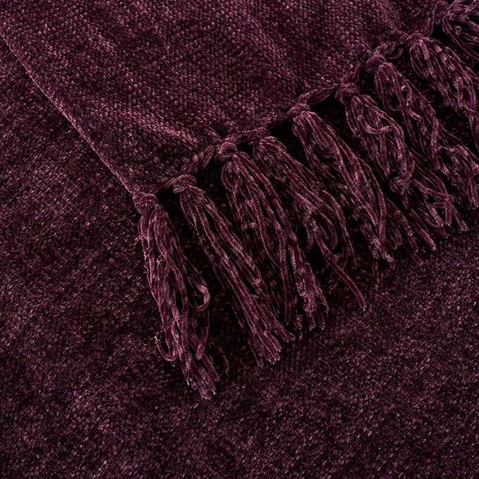 Chenille Throw Blanket for Couch with Tassels,60"X80" Soft Cozy Lightweight Knitted Boho Decorative Blankets for Bed and Sofa,Aubergine