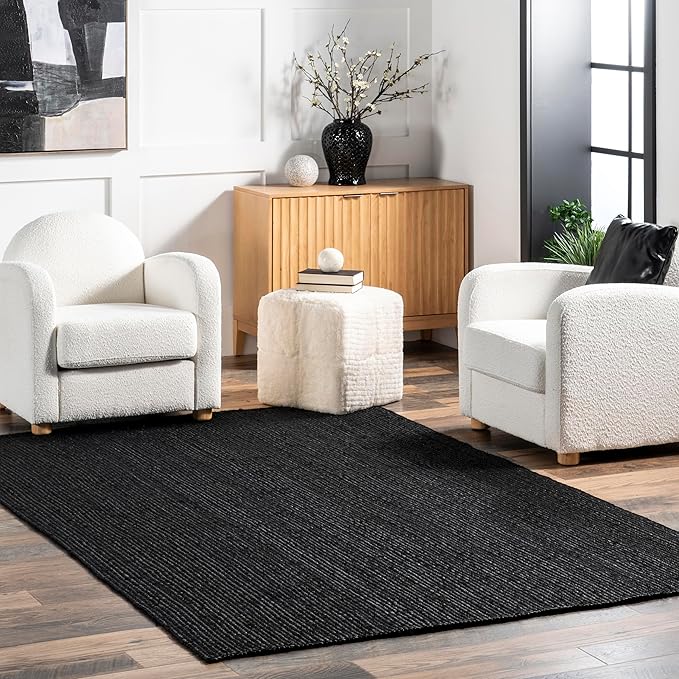 nuLOOM 10x14 Rigo Jute Hand Woven Area Rug, Black, Solid Farmhouse Design, Natural Fiber, For Bedroom, Living Room, Dining Room, Hallway, Office, Kitchen, Entryway