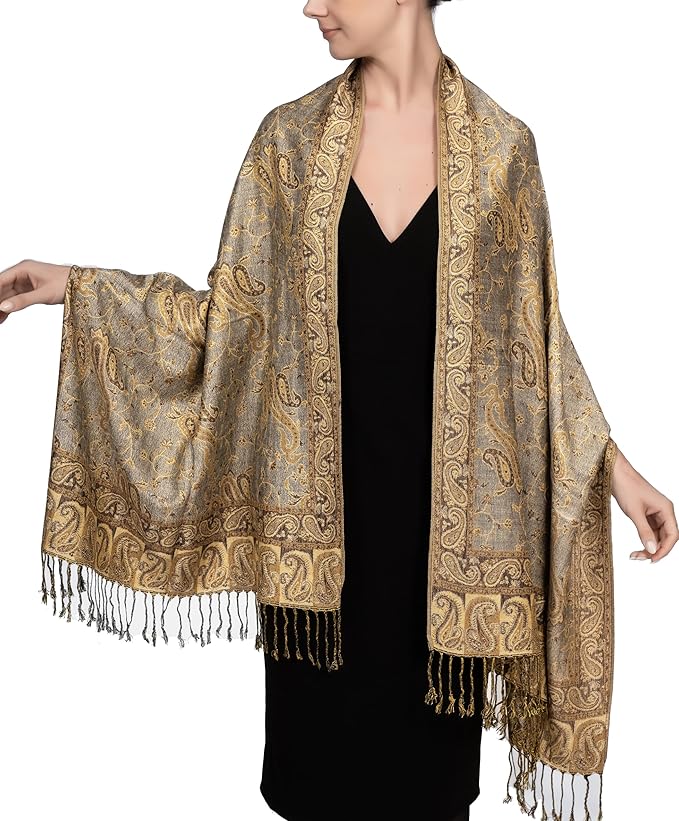 Achillea Reversible Paisley Pashmina Rave Scarf – Exotic Indian Shawls and Wraps for Evening Dresses, Festivals, All Seasons