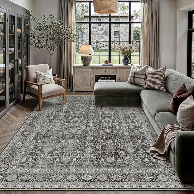 Vintage Area Rug 6x9 Black Washable Living Room Large Carpet Non Slip Bedroom Indoor Office Low Pile Traditional Distressed Retro Accent Rug for Dining Room Kitchen
