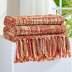 Multi-Color Dark Red Cable Woven Throw Blanket for Couch,60"X80" Boho Style Textured Blankets for Home Decor,Super Soft Warm Cozy Chunky Blanket with Decorative Tassels for Bed