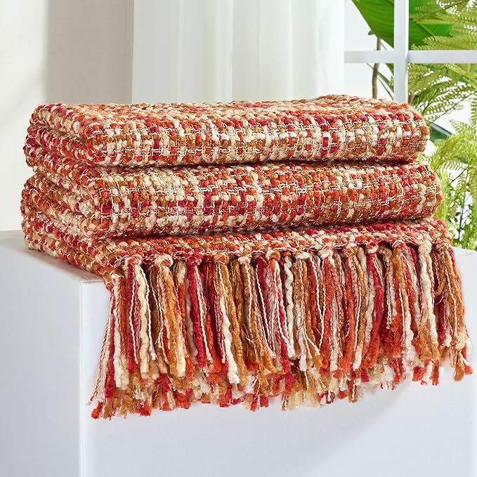 Multi-Color Dark Red Cable Woven Throw Blanket for Couch,60"X80" Boho Style Textured Blankets for Home Decor,Super Soft Warm Cozy Chunky Blanket with Decorative Tassels for Bed