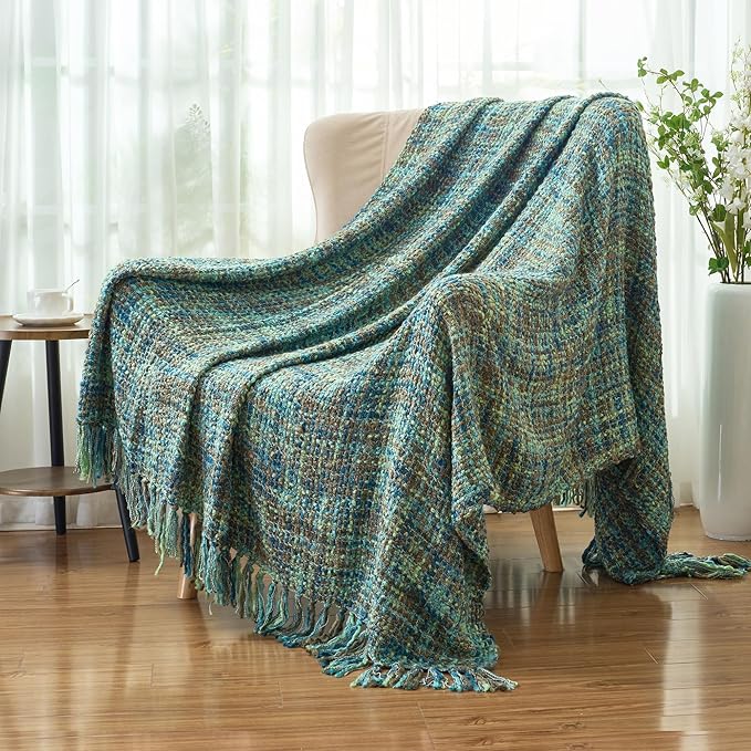 Multi-Color Green Cable Woven Throw Blanket for Couch,50"X60" Boho Style Textured Blankets for Home Decor,Super Soft Warm Cozy Chunky Blanket with Decorative Tassels for Bed and Sofa