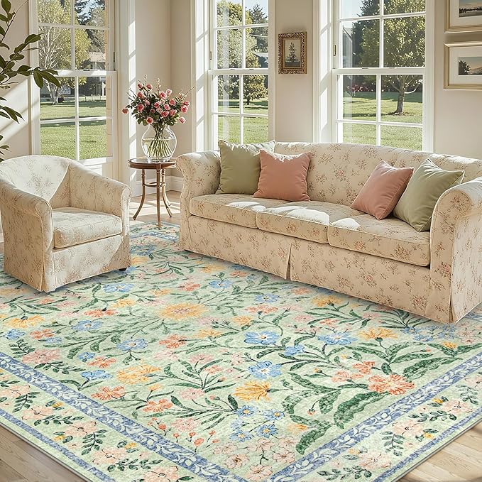 Lahome Sylvie Machine Washable Area Rugs 8x10 Non Slip, Soft Boho Living Room Rugs, Ultra-Thin Vintage Cottage Throw Carpet for Home Office Dinning Room Kids Playroom, Green/Multi