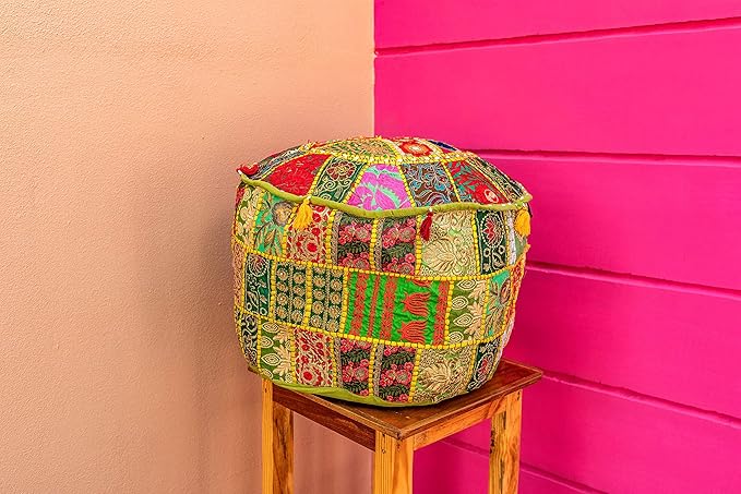 THE ART BOX Round Boho Cotton Patchwork Pouf Cover – Handmade Vintage Embroidered Ottoman Seat Cover, Colorful Decorative Floor Cushion for Home Accessories Décor (14x22 Inches, Cover Only)