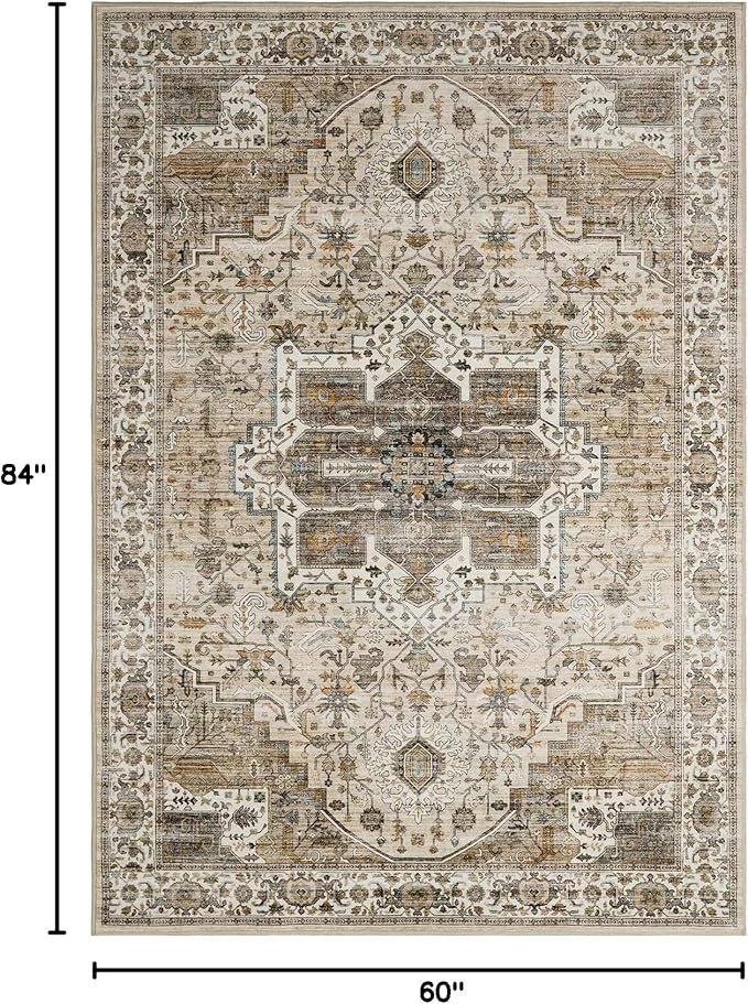 5x7 Area Rugs, Stain Resistant Machine Washable Area Rugs with Non-Slip Backing, Vintage Rugs for Bedroom, Living Room, Large Soft Low Pile Area Rug (Beige/Brown, 5'x7')