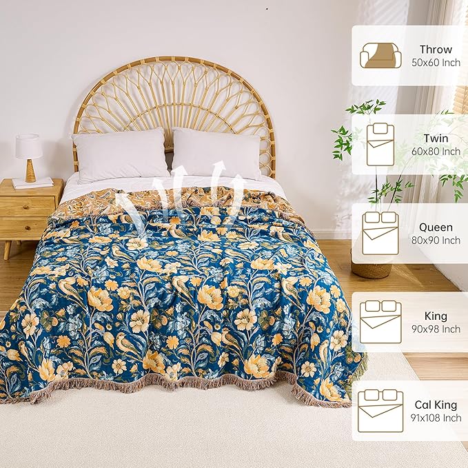 Boho Throw Blanket, 100% Organic Cotton Breathable Ultra Soft 60" x 80" Bed Quilt Blue Throw - All Season Bird Floral Rustic Farmhouse Decor Reversible Blanket for Couch Chair and Gift