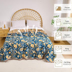 Boho Throw Blanket, 100% Organic Cotton Breathable Ultra Soft 60" x 80" Bed Quilt Blue Throw - All Season Bird Floral Rustic Farmhouse Decor Reversible Blanket for Couch Chair and Gift