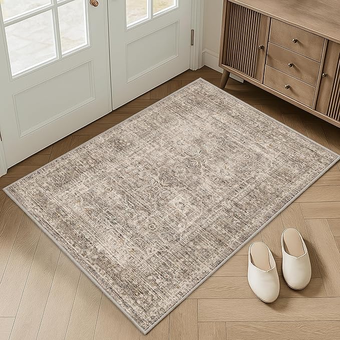 FMFUNCTEX Entryway Rug 2x3 Washable Taupe Vintage Distressed Door Mat Non Slip Low Pile Indoor Carpet Soft Retro Floral Small Throw Area Rugs for Entry Way Entrance Bedroom Kitchen Bathroom Laundry