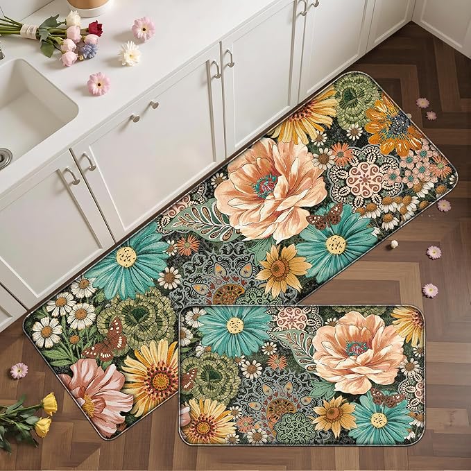 Boho Floral Kitchen Mats for Floor 2PCS Anti Fatigue Mats for Kitchen Floor Cushioned Non Slip Waterproof Memory Foam PVC Kitchen Rugs Set for Sink,Office,Laundry 17.3"x28"+17.3"x47"