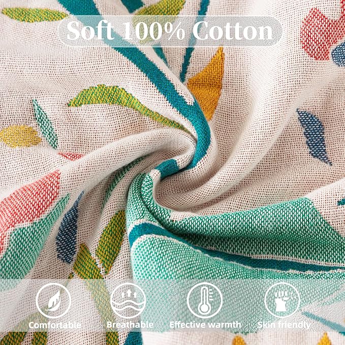 Boho Throw Blanket for Bed - 100% Pure Cotton Ultra Soft Rustic Quilt - Farmhouse Decor Bed Blankets, All Season Rustic Throw for Sofa Couch Chair(50"×60", Boho Floral)