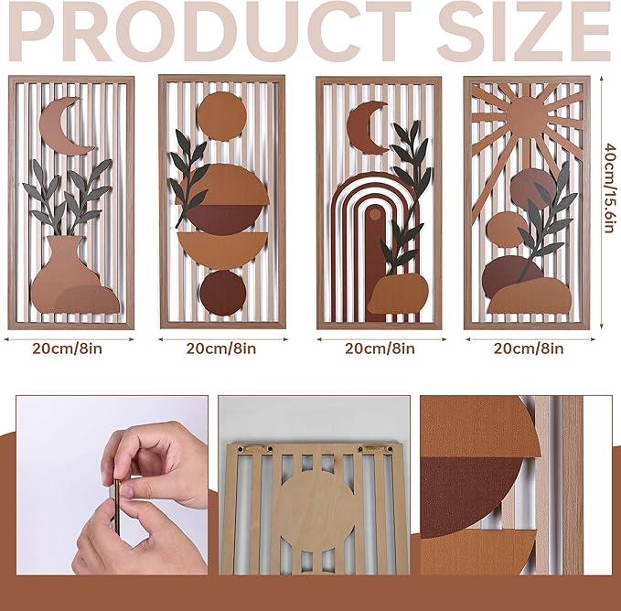 Orange Boho Wall Art Set of 4, Abstract Geometric Wooden Terracotta Wall Decor, Mid-Century Modern Aesthetic Artwork with Arch, Vase & Botanical Design for Modern Home Decor for Bedroom, Office & Living Room(B)