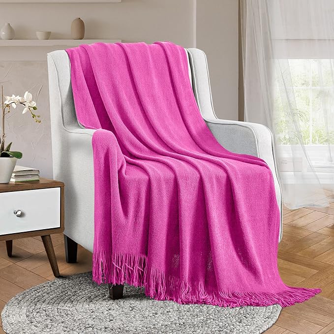 Vonty Hot Pink Knitted Blanket with Tassels Fringe 60" x 80", Super Soft Knit Throw Blanket, Farmhouse Decorative Lightweight Blanket for Couch, Sofa, Bed