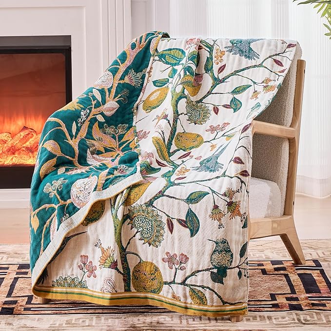 Boho Throw Blanket for Bed - 100% Cotton Ultra Soft Luxury Throw Rustic Fall Quilt,Bird Printed Farmhouse Decor Bed Blankets,Throw for Living Room Sofa Couch Chair(Flower-Bird, 60" x 75")